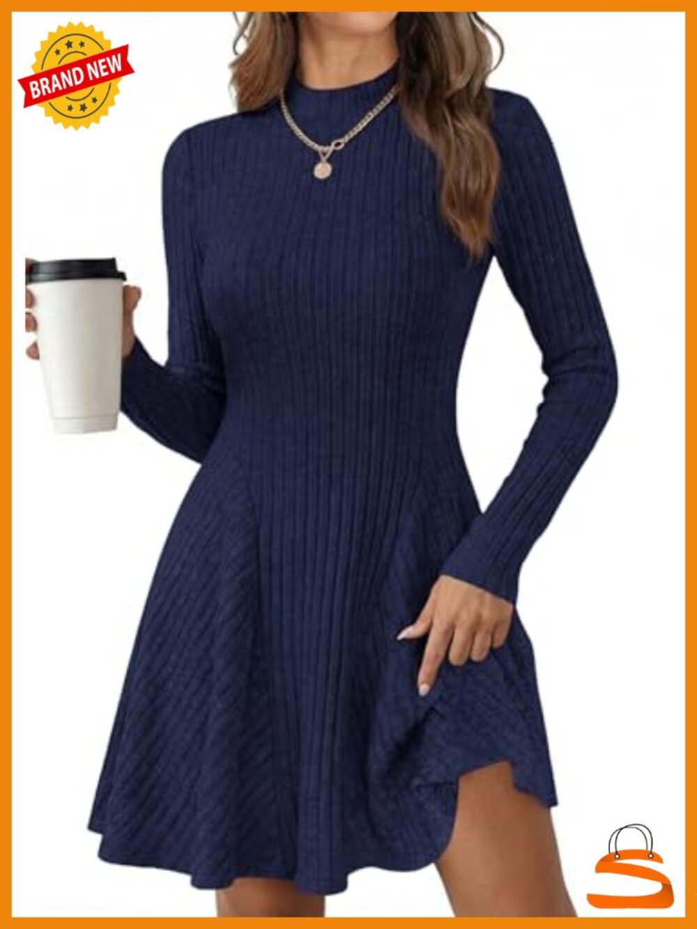 Ribbed Knit Mock Neck Long Sleeve A-Line Sweater Dress